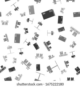 Set Envelope , Open mail box , Conveyor belt with cardboard box  and Railway carriage  on seamless pattern. Vector