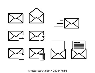 Set of envelope outline icons for mail interface isolated on white