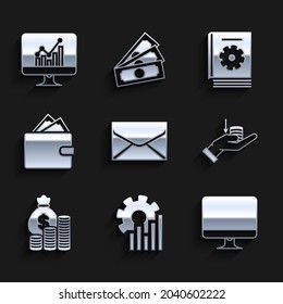Set Envelope, Pie chart infographic, Computer monitor screen, Money hand, bag coin, Wallet with stacks paper money cash, User manual and  icon. Vector