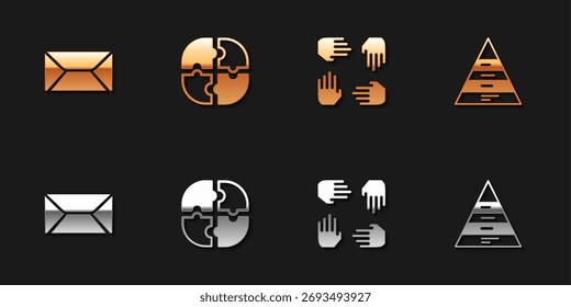 Conjunto de sobres, pieza de rompecabezas, base del equipo del proyecto e icono de infografía de gráfico piramidal. Vector