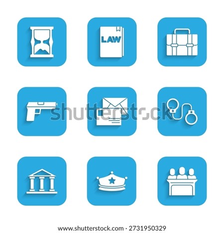 Set Envelope, Police cap with cockade, Jurors, Handcuffs, Courthouse building, Pistol gun, Briefcase and Old hourglass icon. Vector