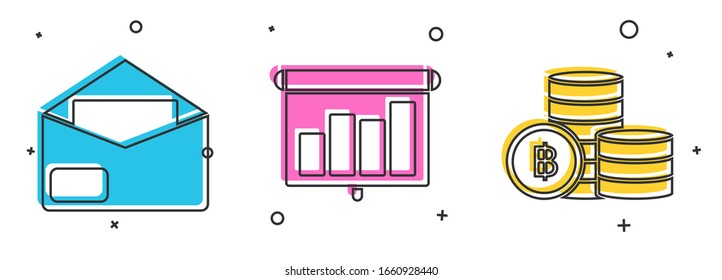 Set Envelope, Presentation financial board with graph, schedule, chart, diagram, infographic, pie graph and Cryptocurrency coin Bitcoin icon. Vector