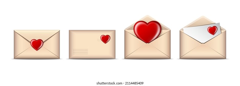 Conjunto de sobre con corazones rojos aislados en fondo blanco. Día de San Valentín, amor, concepto de aniversario. Ilustración del vector