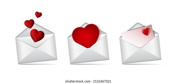 Set of envelope with red hearts isolated on white background. Valentines day, love, anniversary concept. Vector illustration