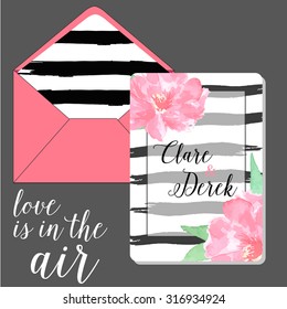 Set envelope and save the date card black brush stroke and pink  watercolor peony flower