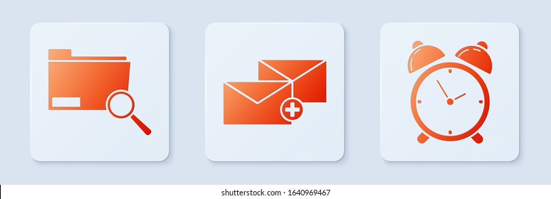 Set Envelope, Search concept with folder and Alarm clock. White square button. Vector
