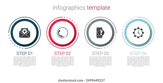 Set Envelope setting, Telephone 24 hours support, Mobile with question and Time Management. Business infographic template. Vector