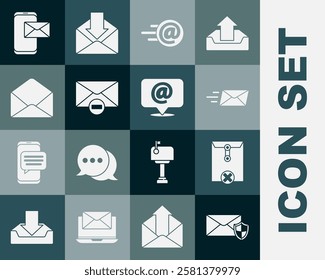 Set Envelope with shield, Delete envelope, Express, Mail and e-mail, Mobile and on speech bubble icon. Vector