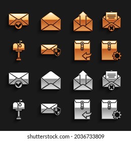 Set Envelope with shield, Delete envelope, setting, Mail box, Outgoing mail, and check mark and  icon. Vector