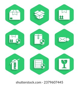 Set Envelope with shield, Delivery pack security, Fragile broken glass, Price tag Free, Cardboard box traffic symbol and Carton cardboard icon. Vector