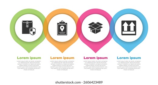 Set Envelope with shield, Document tracking marker system, Carton cardboard box and This side up. Business infographic template. Vector