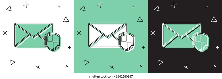 Set Envelope with shield icon isolated on white and green, black background. Insurance concept. Security, safety, protection, protect concept.  Vector Illustration