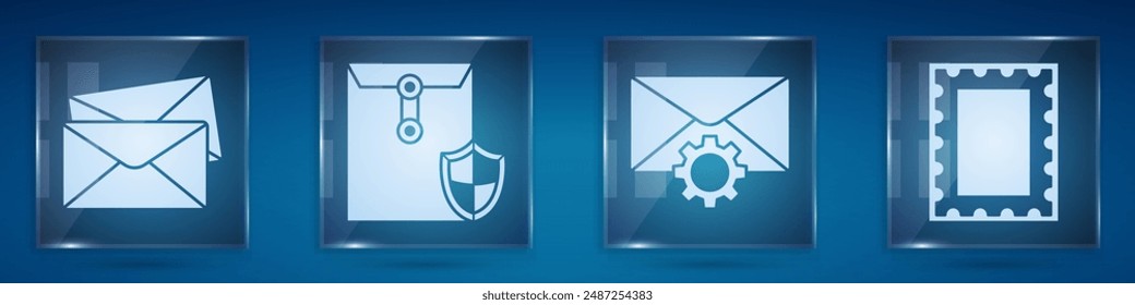 Set Envelope, Envelope with shield, Envelope setting and Postal stamp. Square glass panels. Vector