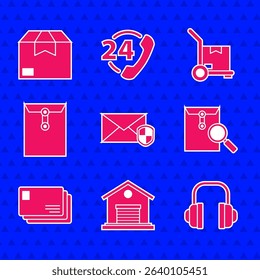 Set Envelope with shield, Warehouse, Headphones, magnifying glass, Hand truck and boxes and Carton cardboard icon. Vector