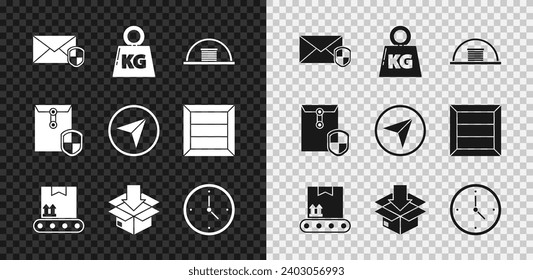 Set Envelope with shield, Weight, Hangar, Conveyor belt cardboard box, Cardboard traffic symbol, Fast time delivery,  and Infographic of city map navigation icon. Vector