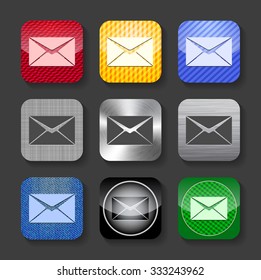 Set of envelope sign on glossy and metallic rounded square icons. Vector Illustration