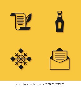 Conjunto de sobre, copo de nieve y botella de champán icono con sombra larga. Vector