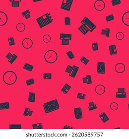 Set Envelope, Spiral notebook, Clock and Printer on seamless pattern. Vector