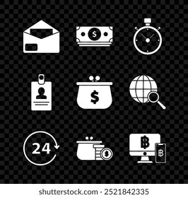 Set Envelope, Stacks paper money cash, Stopwatch, Clock 24 hours, Wallet with coins, Computer monitor mobile phone and bitcoin, Identification badge and dollar symbol icon. Vector