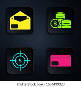 Set Envelope, Envelope, Target with dollar symbol and Cryptocurrency coin Bitcoin. Black square button. Vector