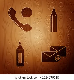 Set Envelope, Telephone handset and speech bubble chat, Marker pen and Pencil on wooden background. Vector