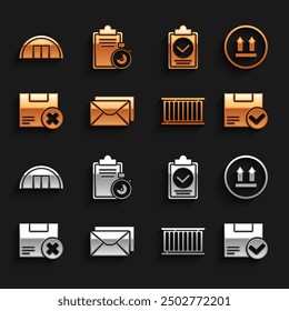 Set Envelope, This side up, Package box with check mark, Container, Carton cardboard and delete, Verification of delivery list clipboard, Warehouse and  icon. Vector
