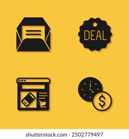 Set Envelope, Time is money, Online shopping screen and Deal icon with long shadow. Vector