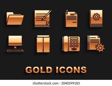 Set Envelope, User manual, Document settings with gears, Telephone, Computer monitor keyboard, File document and paper clip, folder and Blank notebook pen icon. Vector