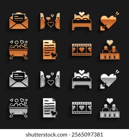 Set Envelope with Valentine heart, Amour and arrow, Couple love, Play Video, Romantic bathroom, Bedroom, Greeting card and Love first sight icon. Vector