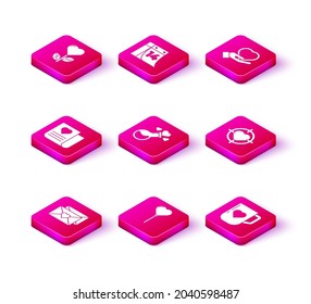 Set Envelope with Valentine heart, Balloons form of, Bottle love potion, Coffee cup and, Heart the center darts target aim, hand and Calendar February 14 icon. Vector