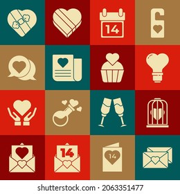Set Envelope with Valentine heart, Heart the bird cage, shape light bulb, Calendar February 14, speech bubble, Candy shaped box and Wedding cake icon. Vector