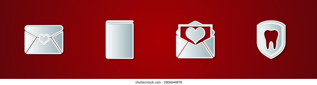 Set Envelope with Valentine heart, Book, and Dental protection icon. Vector.