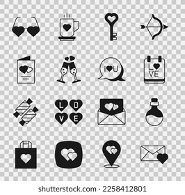 Set Envelope with Valentine heart, Bottle love potion, Calendar February 14, Key shape, Glass of champagne, Valentines day flyer, Heart shaped glasses and Speech bubble text I you icon. Vector