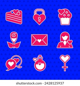 Set Envelope with Valentine heart, Bottle love potion, Female gender symbol, Romantic girl, Heart speech bubble, Flower rose, Wedding cake and  icon. Vector