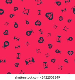 Set Envelope with Valentine heart, Bow and arrow, Location and Candy shaped box on seamless pattern. Vector