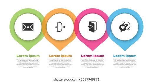 Conjunto de sobre con corazón de San Valentín, arco y flecha, folleto del día de San Valentín y burbuja de discurso del corazón. Plantilla de infografía de negocios. Vector