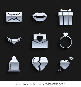 Set Envelope with Valentine heart, Broken, Amour and arrow, Wedding rings, Condom, Heart wings, Gift box and  icon. Vector