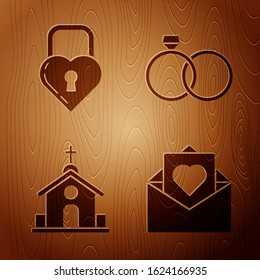 Set Envelope with Valentine heart, Castle in the shape of a heart, Church building and Wedding rings on wooden background. Vector