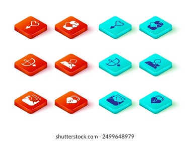 Set Envelope with Valentine heart, Castle the shape of, Bow and arrow, Romantic man, Dating app online mobile and Female gender symbol icon. Vector