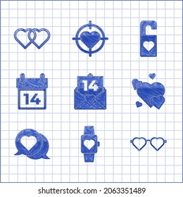 Set Envelope with Valentine heart, Heart the center wrist watch, shaped love glasses, speech bubble, Calendar February 14, Please do not disturb and Two Linked Hearts icon. Vector
