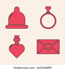Set Envelope with Valentine heart, Condom, Wedding rings and Bottle with love potion icon. Vector
