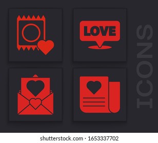 Set Envelope with Valentine heart, Condom in package, Speech bubble with text love and Envelope with Valentine heart icon. Vector