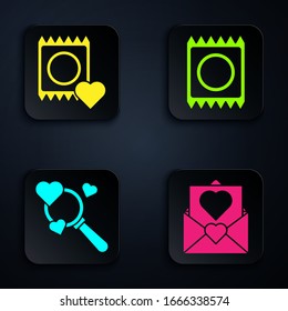 Set Envelope with Valentine heart, Condom in package, Search heart and love and Condom in package. Black square button. Vector