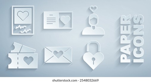 Set Envelope with Valentine heart, Couple love, Love ticket, Castle the shape of, Valentines day party flyer and Photo frames and hearts icon. Vector