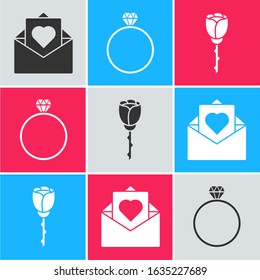 Set Envelope with Valentine heart, Diamond engagement ring and Flower rose icon. Vector