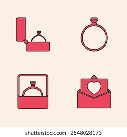 Conjunto de sobre con corazón de San Valentín, anillo de compromiso de diamantes e icono. Vector