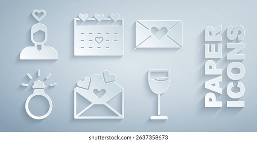 Set Envelope with Valentine heart, Diamond engagement ring, Wine glass, Calendar and Couple love icon. Vector