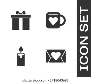 Set Envelope with Valentine heart, Gift box, Burning candle and Coffee cup icon. Vector