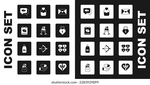 Set Envelope with Valentine heart, Glass of champagne, Calendar, Heart speech bubble, Castle the shape, Wedding cake, Love text and Please do not disturb icon. Vector