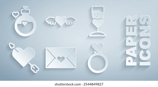 Set Envelope with Valentine heart, Glass of champagne, Amour and arrow, Wedding rings, Heart wings and Bottle love potion icon. Vector